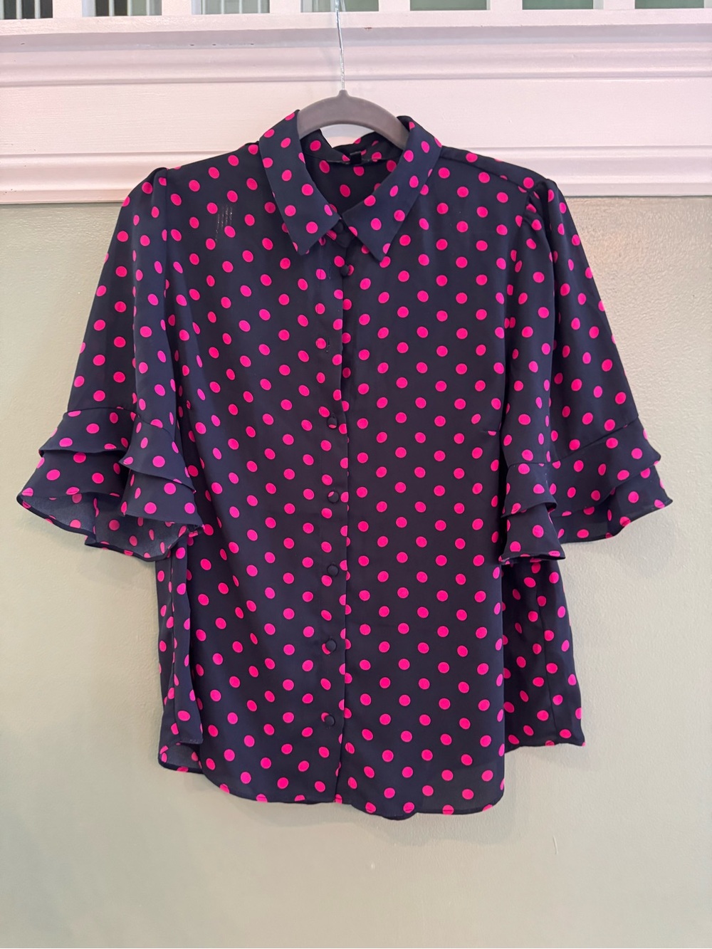 Portmans Navy Blouse with Hot Pink Polka Dots